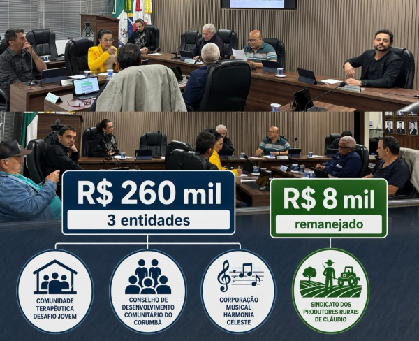Câmara aprova R$ 260 mil para entidades e remaneja R$ 8 mil para o Sindicato Rural