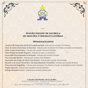 Confira na íntegra a biografia dos homenageados da Sessão Solene de entrega das Moções Congratulatórias do primeiro semestre