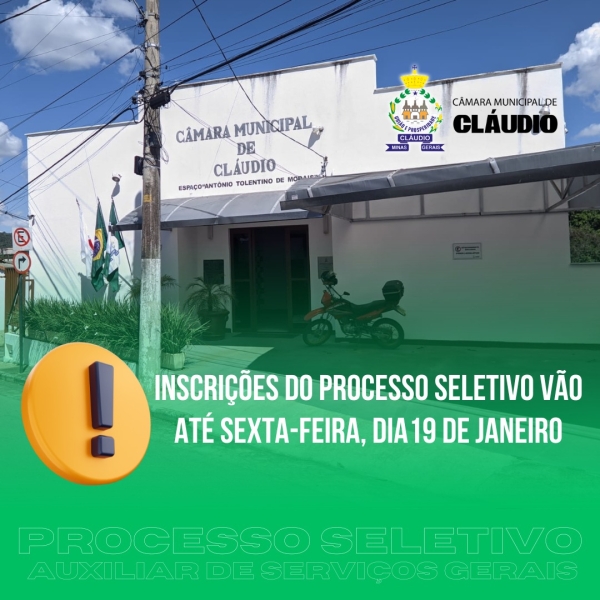 Encerra nesta sexta-feira, dia 19 de janeiro, o prazo para protocolo dos candidatos interessados no cargo de Auxiliar de Serviços Gerais, cujo processo seletivo simplificado foi aberto no último dia 12.