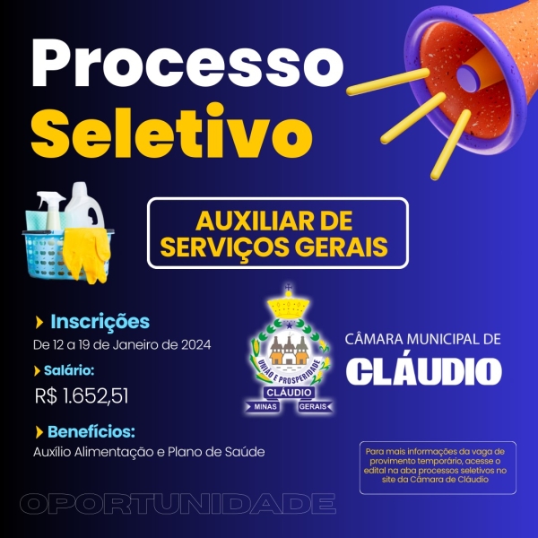 Câmara abre Processo Seletivo Simplificado para contratação de Auxiliar de Serviços Gerais