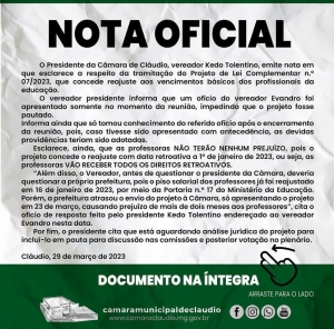 O Presidente da Câmara de Cláudio, vereador Kedo Tolentino, emite nota em que esclarece a respeito da tramitação do Projeto de Lei Complementar n.º 07/2023, que concede reajuste aos vencimentos básicos dos profissionais da educação.