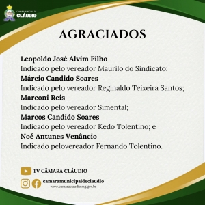 O Título de Cidadania Honorária, honraria concedida pelo Poder Legislativo de Cláudio (MG), que equipara a pessoa homenageada a uma adoção oficial, será entregue nesta quarta-feira, dia 20/09