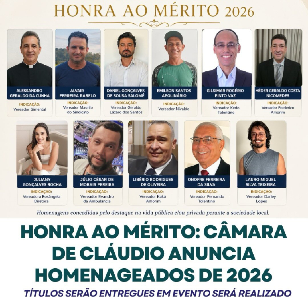 Câmara de Cláudio realizará sessão solene para entrega de Títulos de Honra ao Mérito